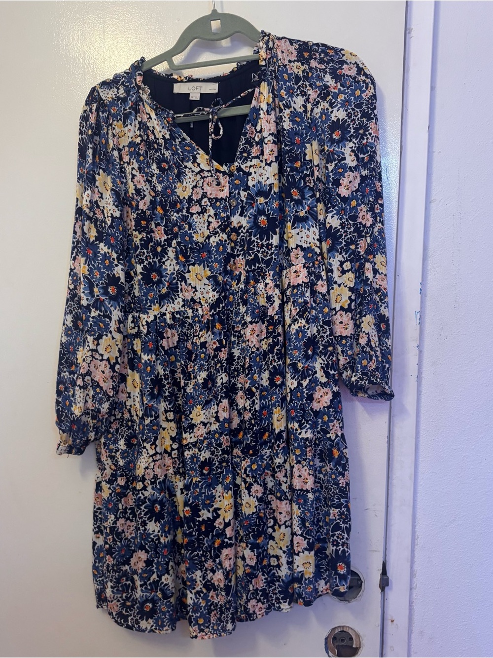 LOFT Navy Floral Tiered V-Neck Dress